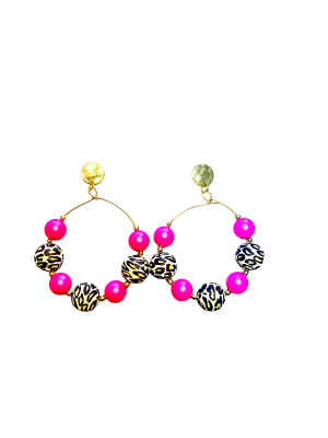 Wild In Pink Leopard Beaded Hoop Earrings