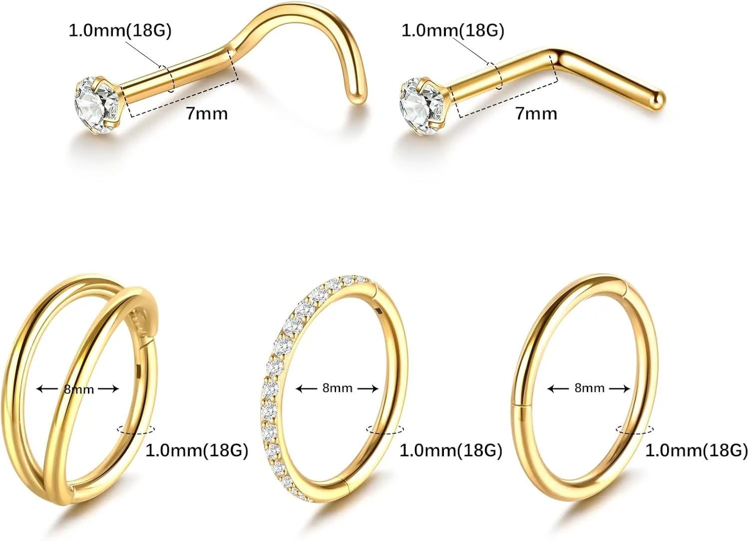 Xpircn 5pcs Hoop Nose Rings and L Shaped Nose Rings Stud Set 18G/20G Stainless Steel CZ Helix Conch Daith Tragus Cartilage Hoop Earrings for Women 6mm 7mm 8mm 10mm