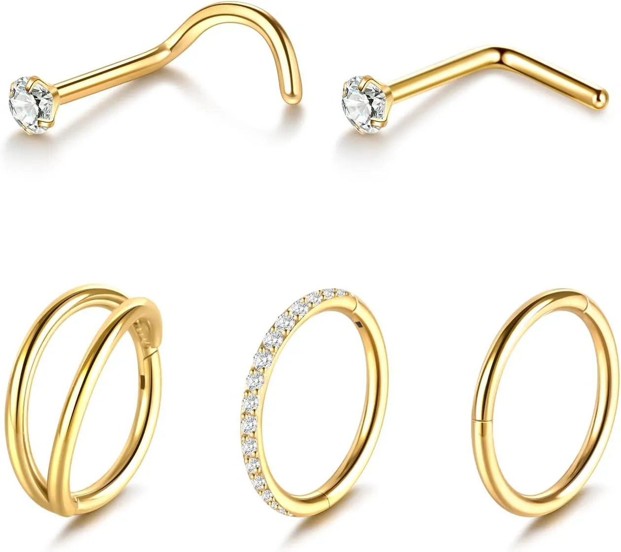 Xpircn 5pcs Hoop Nose Rings and L Shaped Nose Rings Stud Set 18G/20G Stainless Steel CZ Helix Conch Daith Tragus Cartilage Hoop Earrings for Women 6mm 7mm 8mm 10mm