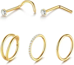 Xpircn 5pcs Hoop Nose Rings and L Shaped Nose Rings Stud Set 18G/20G Stainless Steel CZ Helix Conch Daith Tragus Cartilage Hoop Earrings for Women 6mm 7mm 8mm 10mm