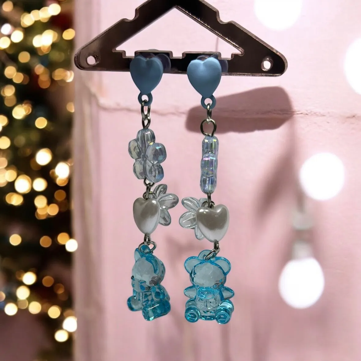 Y2K - Blue glitter teddy bear earrings