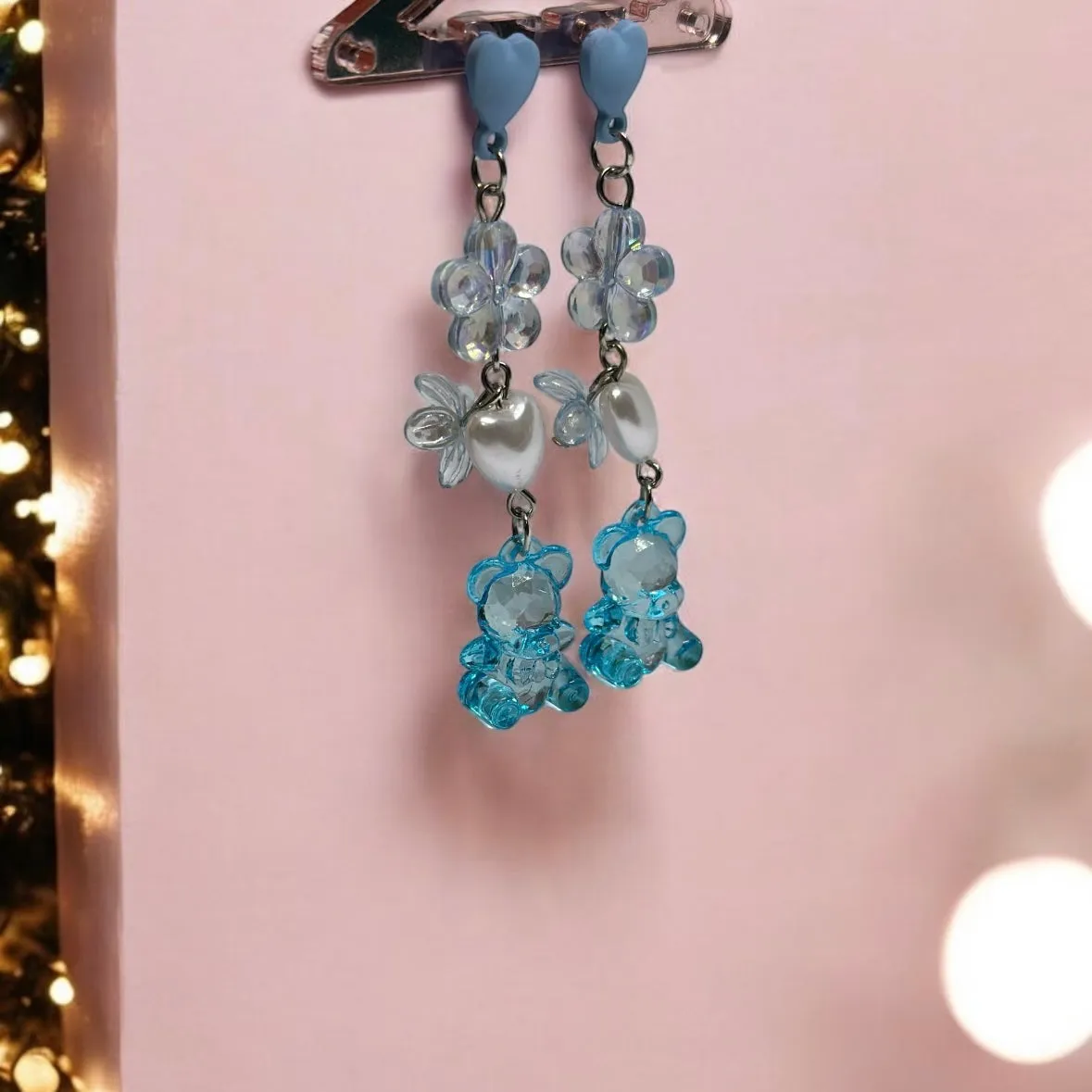 Y2K - Blue glitter teddy bear earrings